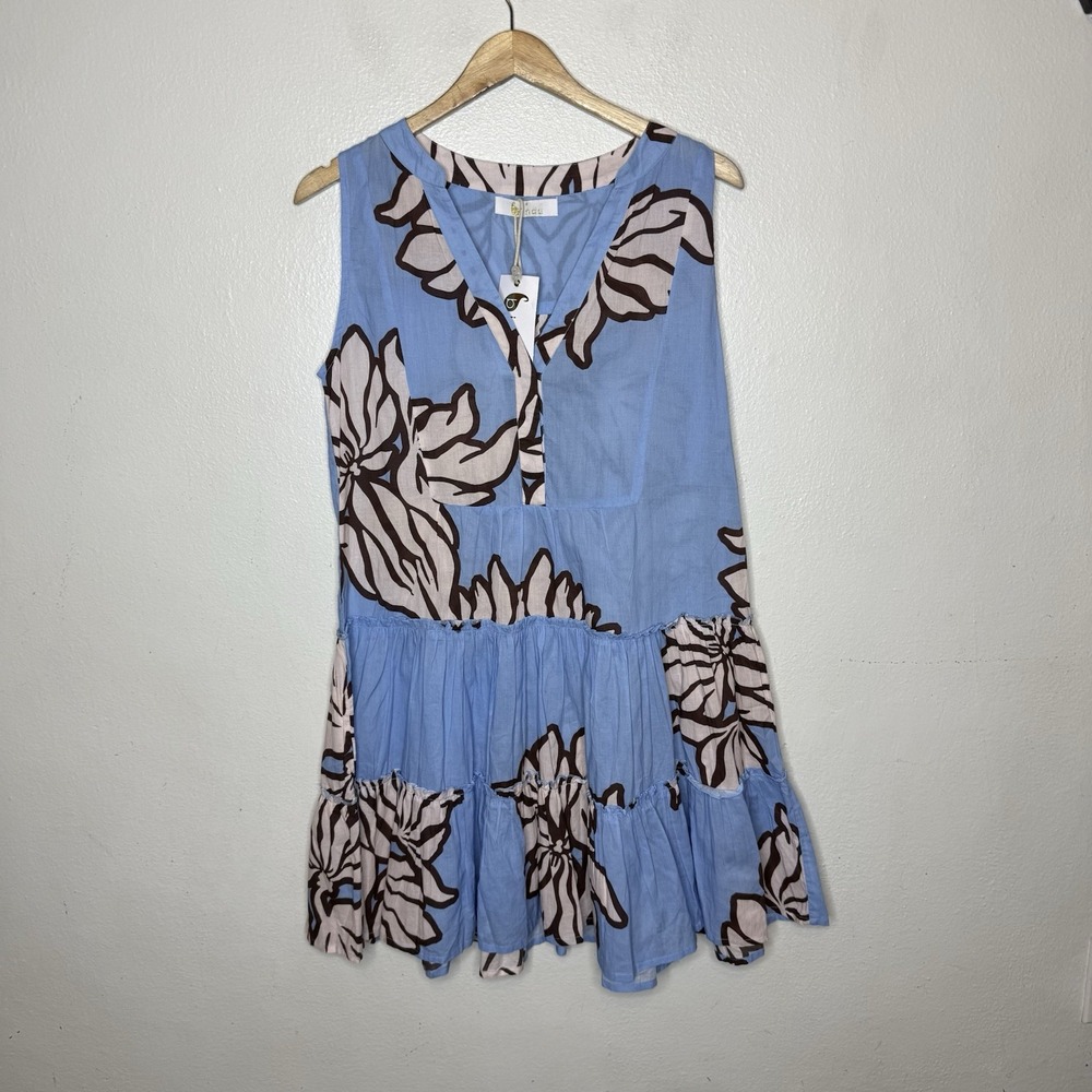 New Bindu Virginia Celestial Blue White Sleeveless Dress Floral Womens Small